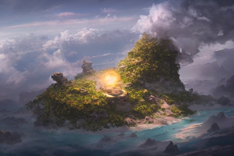 an island in the clouds, concept art, highly detailed, artstation, trending, widescreen resolution, feng zhu, shaddy safadi, noah bradley, tyler edlin, jordan grimmer, darek zabrocki, neil blevins, tuomas korpi 