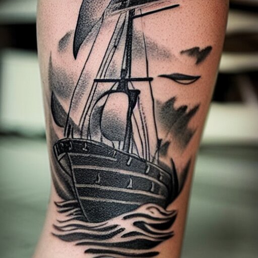 a pirate ship sailing in the sea, realism tattoo design, amazing shades, clean white paper background, in the style of david vega