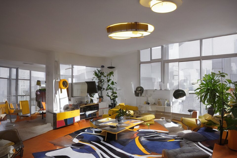 retro futuristic apartment with lighting design by kubrick moonbase style, 7 0 s hi fi system, funky furniture, house plants, modern art 