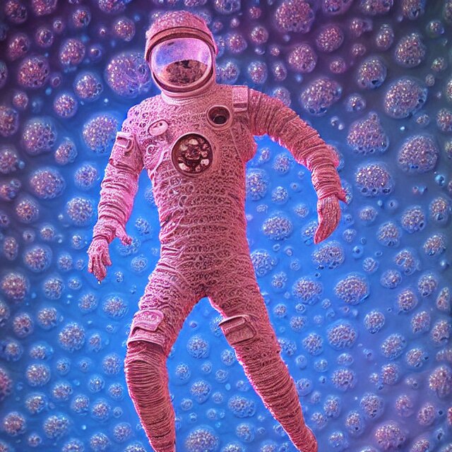 realistic extremely detailed  photo style  painting of a complete  astronaut suit with exposed diamond 3d fractal lace iridescent bubble 3d skin clear brain+ one hand holding a glowing sparkle plasma spear and multiple chest  arm and legs chelate appendages and in a jumping float Pose
,opal ruby diamond iridescent fractal lace bubble materials,against a psycadelic  wavy lace wall,
monolithic retro futuristic ,water , by style hybrid mix of beeple+Anton Pieck+Jean Delville+ Amano,Yves Tanguy+ Alphonse Mucha+ Ernst Haeckel+ Edward Robert Hughes+Stanisław Szukalski , compound eys lenses,
rich moody colors,diamond dust glitter and sparkles, granular detail,holographic krypton ion,blue eyes,octane render,4k,
f32,55mm photography,wide angle ,jumping float Pose,full shot,  