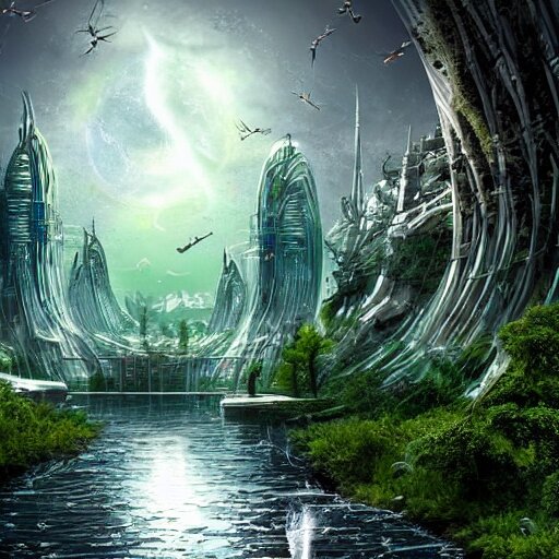 nature covered sci-fi city, magical