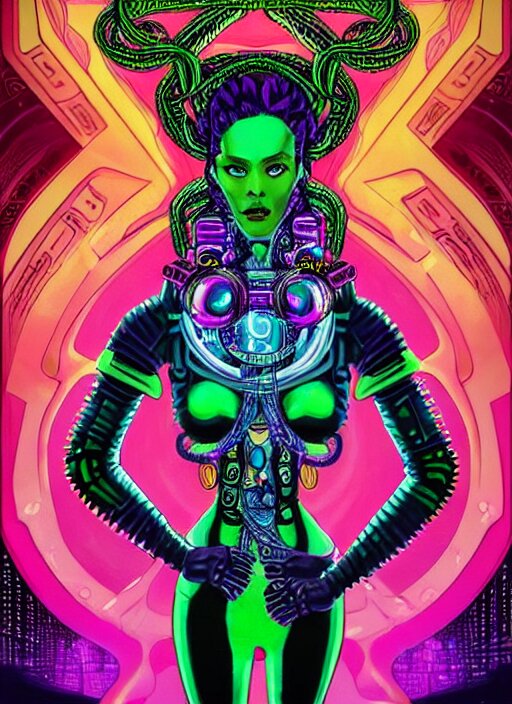 Perfectly-centered vibrant portrait-illustration of a very beautiful and puzzled looking nebulapunk cyberpunk Medusa with symmetrical facial features with a very and accurately symmetrically drawn-out body, in the style of an epic golden age sci-fi comic book cover in an awesome pose wearing a really cool cyberpunk outfit, with lots of really large ravepunk bio-luminiscent snakes as her hair that go all around and above her, next to a tall cybernetic tower with lots of glowing buttons. Super highly detailed, professional and intricate professionally made HDR digital artwork, RPG portrait, digital airbrush painting, extreme illustration, concept art, smooth, maximalist, dreamscape, Rococo, surreal dark art, cosmic horror, lovecraftian style, Aetherpunk, cinematic, Hyperdetailed, hyperrealistic, enchanting, otherworldly, arthouse, sinister mood, cosplay, sense of awe, Exquisite award winning picture, glowing rich colors, ethereal backlight background, 300 DPI, 8k resolution, HD quality, cinema 4d, 3D, 3d final render, 3d shading, unreal 5, octane render, 3D rim light, dynamic lighting, atmospheric lighting, iridiscent background accents, golden ratio, psychedelic highlights, dramatic shadows, 
anamorphic lens, sharp focus, trending on Gsociety, trending on ArtstationHQ, trending on deviantart, neon-noir bokeh, professionally post-processed, wide-angle action dynamic portrait