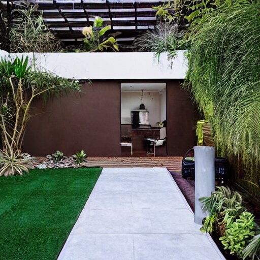 small elongated backyard with hut office, white walls, brown tile ground, plants on the sides, modern, high definition, detailed, concrete and glass, architecture, fountain, children playground, photograph, magazine cover, luxury 