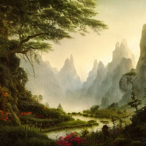 a beautiful and highly detailed matte painting of a magical garden deep in the misty mountains, intricate details, epic scale, insanely complex, 8 k, sharp focus, hyperrealism, by caspar friedrich, 