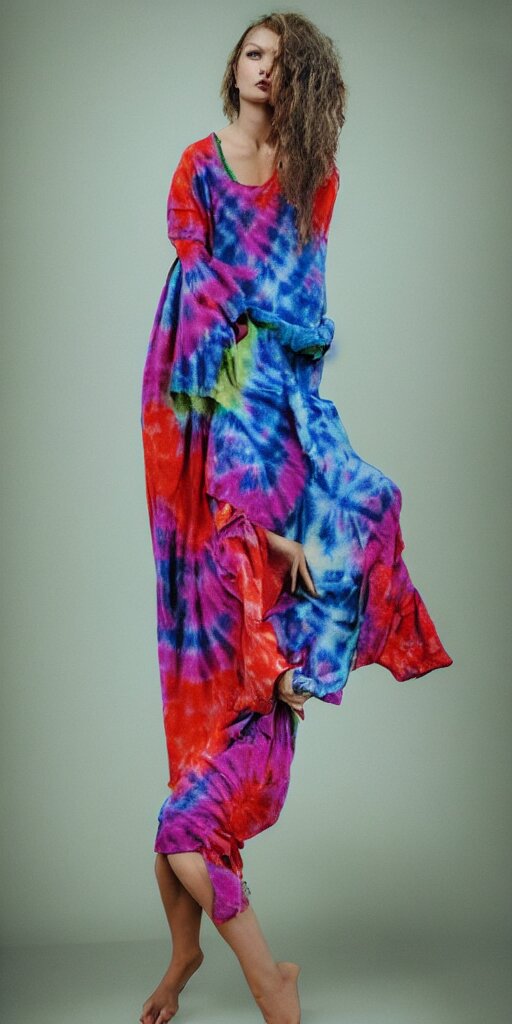 a beautiful woman model dressed in a tie - dye dress, studio photo, hyperrealistic 