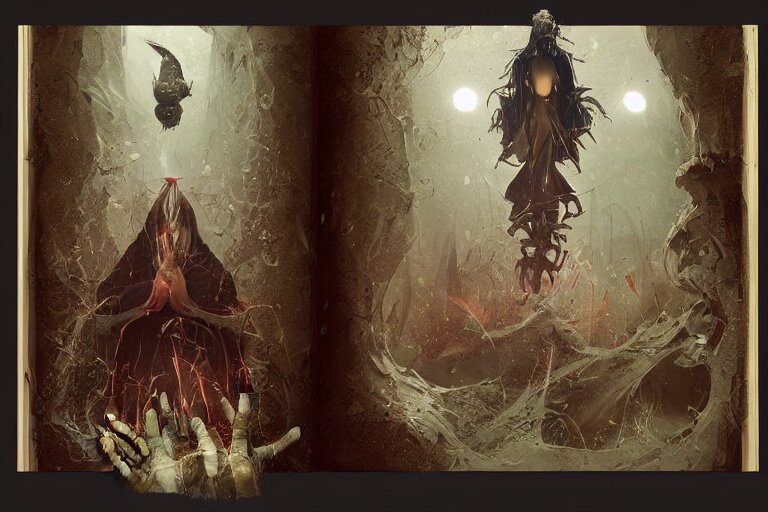 Pages of a book with strange and mystical creatures scary and dangerous, concept art, inspired by Reylia Slaby, Guillermo del Toro, trending on artstation, volumetric lighting, intricate, ornate, CGsociety