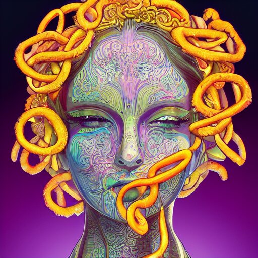 the face of a ridiculously beautiful and pretty woman partially made of onion rings of all colors looking up, an ultrafine detailed illustration by james jean, final fantasy, intricate linework, bright colors, behance contest winner, vanitas, angular, altermodern, unreal engine 5 highly rendered, global illumination, radiant light, detailed and intricate environment 