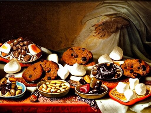 opulent banquet of plates of freshly baked chocolate chip cookies, jelly beans, chocolate sauce, marshmallows, highly detailed, food photography, art by rembrandt 