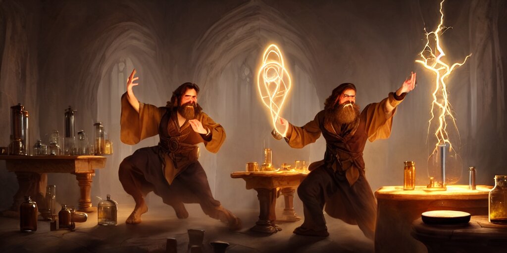 a handsome bearded caucasian male sorcerer with brown hair he is casting a spell with flowing energy, he is in a alchemist lab filled with beakers and equipment, neutral pose, epic composition, 4 k, light rays, super coherent, by dave melvin 1. 0 | dan luvisi 2. 0 | greg rutkowski 0. 5 