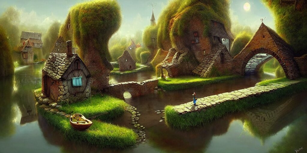  amazing detailed village with a river, water, reflection, stone bridge, art by Yohann Schepacz, art by Gediminas Pranckevicius, art by Esao Andrews