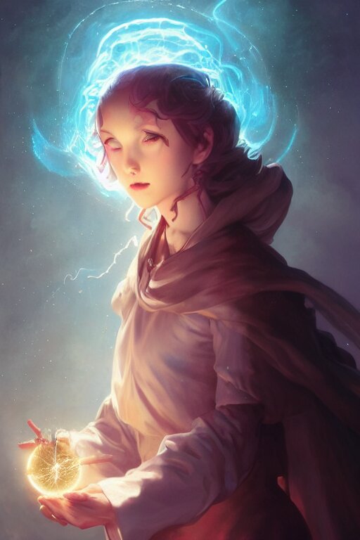 a cute wizard girl conjuring a lightening ball, character art portrait, anime key visual, official media, illustrated by tom bagshaw, wlop, william bouguereau, extremely detailed, 8 k, trending on artstation, cinematic lighting, beautiful 