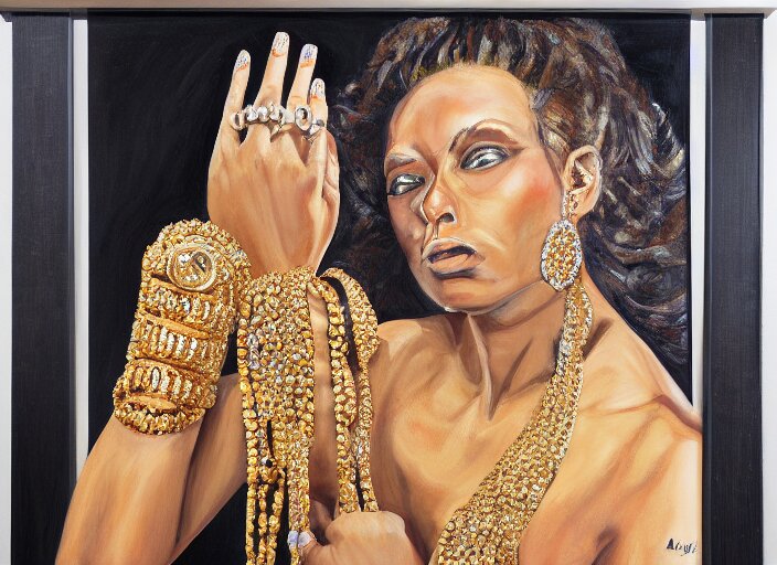 painting of a female wearing hundreds of gold and platinum rings, by alex petruk 