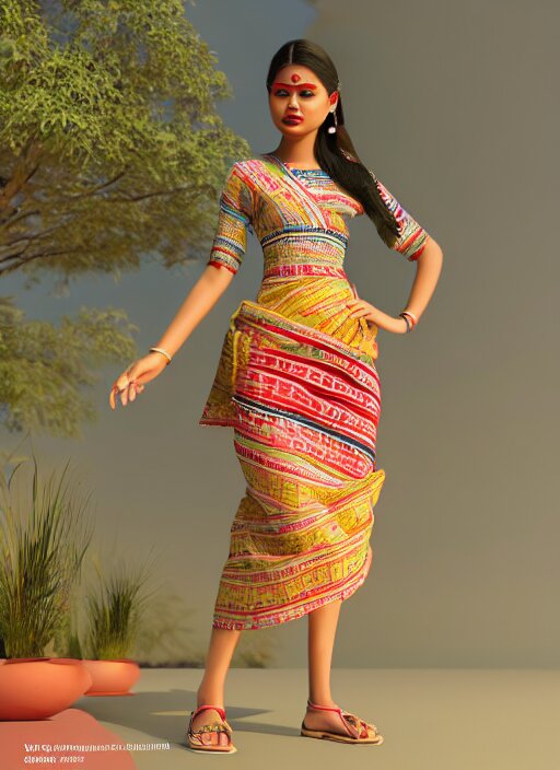 beautiful summer assamese mekehela bihu style floral gamosa dress ; flirtatious, boho - chic, sleeveless, elegant, short skirt length, slimmer demeanor, plethora of colors ; mini dress, highly detailed cute face by wlop ; octane render, unreal engine 5, trending on artstation, 8 k high resolution, global illumination ray tracing ; symmetrical, cinematic, high coherence, hdr fabric textures 