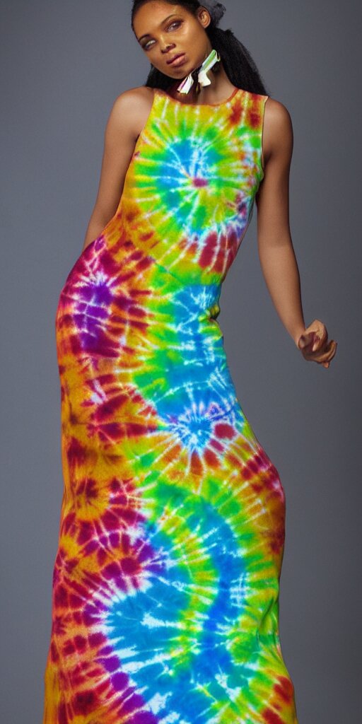 a beautiful woman model dressed in a tie - dye dress, studio photo, hyperrealistic 