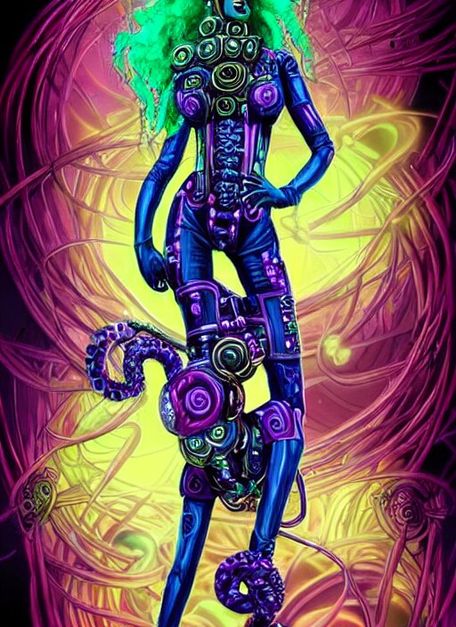 Perfectly-centered vibrant portrait-illustration of a very beautiful and puzzled looking nebulapunk cyberpunk Medusa with symmetrical facial features with a very and accurately symmetrically drawn-out body, in the style of an epic golden age sci-fi comic book cover in an awesome pose wearing a really cool cyberpunk outfit, with lots of really large ravepunk bio-luminiscent snakes as her hair that go all around and above her, next to a tall cybernetic tower with lots of glowing buttons. Super highly detailed, professional and intricate professionally made HDR digital artwork, RPG portrait, digital airbrush painting, extreme illustration, concept art, smooth, maximalist, dreamscape, Rococo, surreal dark art, cosmic horror, lovecraftian style, Aetherpunk, cinematic, Hyperdetailed, hyperrealistic, enchanting, otherworldly, arthouse, sinister mood, cosplay, sense of awe, Exquisite award winning picture, glowing rich colors, ethereal backlight background, 300 DPI, 8k resolution, HD quality, cinema 4d, 3D, 3d final render, 3d shading, unreal 5, octane render, 3D rim light, dynamic lighting, atmospheric lighting, iridiscent background accents, golden ratio, psychedelic highlights, dramatic shadows, 
anamorphic lens, sharp focus, trending on Gsociety, trending on ArtstationHQ, trending on deviantart, neon-noir bokeh, professionally post-processed, wide-angle action dynamic portrait