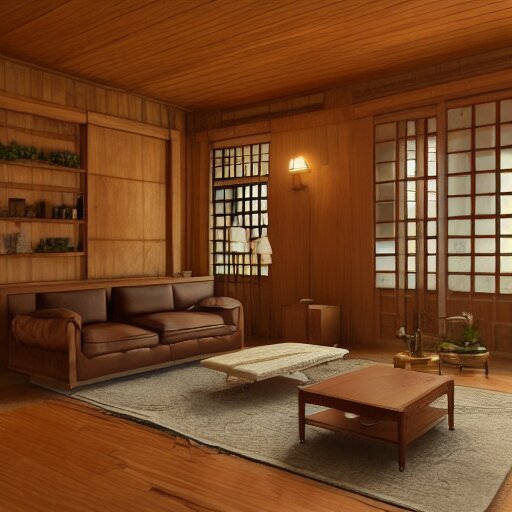 Peaceful wooden mansion, unreal engine 5 tech demo, zillow interior, golden hour, living room, cozy, Frank Lloyd Wright ((Studio Ghibli))