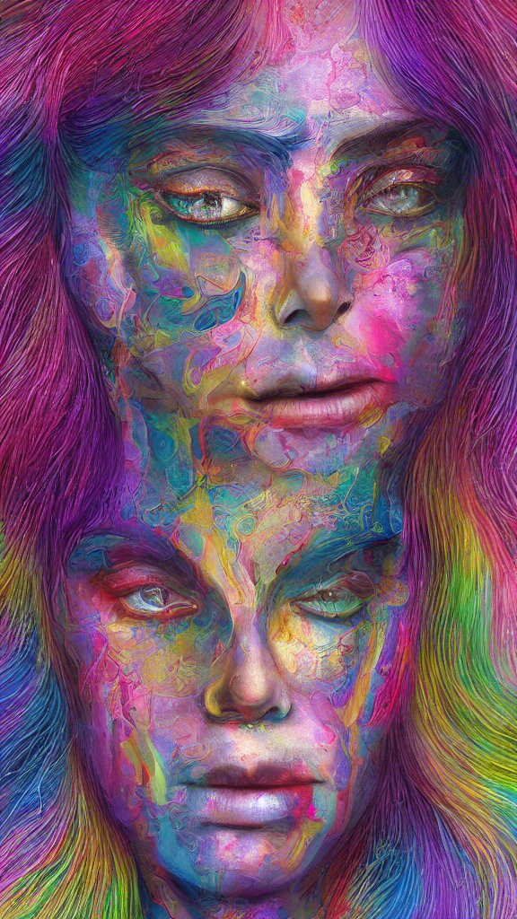 hyperrealistic abstract close-up female! portrait Renaissance psychedelic!! celestial happy! pure creature!! peaceful! kind spirit of nature! beautiful fractal!! eyes! highly detailed concept art eric zener elson peter cinematic hard rainbow lighting high angle hd 8k sharp shallow depth of field endless, inspired by Zdzisław Beksiński Salvador Dali