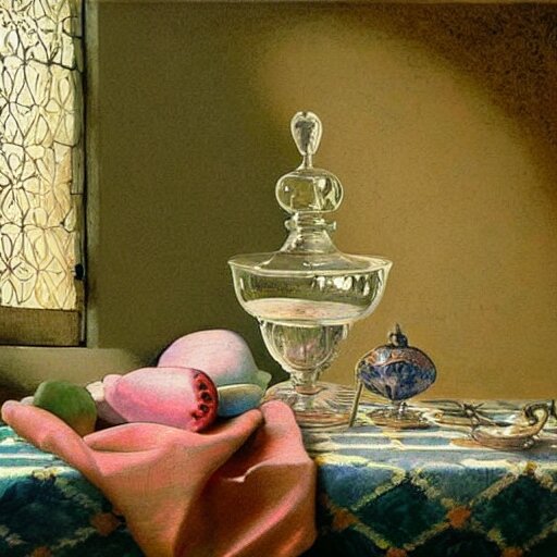 still life painting of a miniature tabletop castle under a glass dome, by paulette tavormina and vermeer, intense pastel colors, hyper realistic, detailed, beautiful bright lighting 