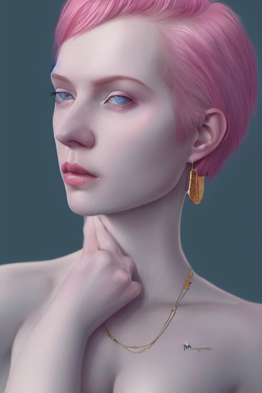 Portrait of a beautiful pale skin Nordic female with short pink hair, elegant, photorealistic, highly detailed, artstation, smooth, sharp focus, gold ornaments, neon lighting, sci-fi, art by Klimt.