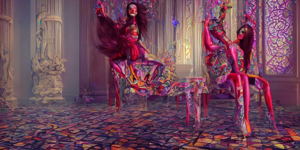 giesha demon, innovative avant - garde art, deco fashion, asian women, photorealistic portrait by michael cheval, vaporwave, crisp quality and light reflections, inside a room with marble columns, transcendent, vibrant color, clean linework, finely detailed, tarot card with ornate border frame, 4 k, trending on artstation, volumetric lighting, octane render 