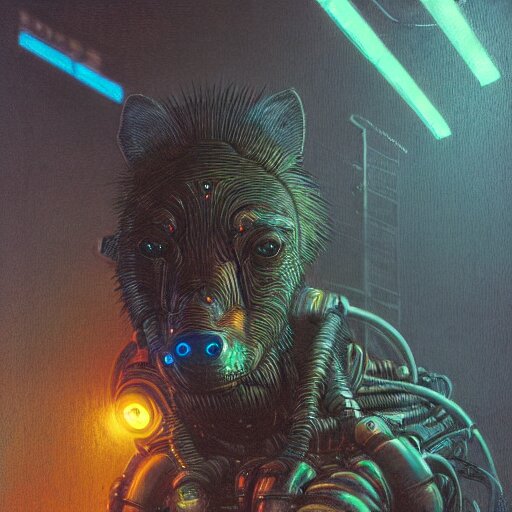 cyberpunk dystopian cyborg hyena, wires and glowing lights, beksinski style, realism 