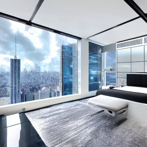 a futuristic luxury white bedroom with ceiling high windows looking out to a cyberpunk cityscape