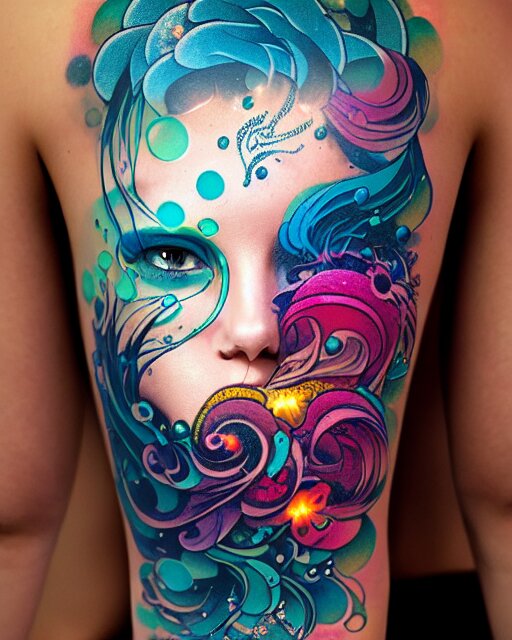 flowery face tattoos, by petros afshar, ross tran, peter mohrbacher, tom whalen, underwater bubbly psychedelic clouds 