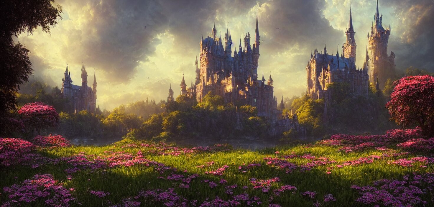 fabulous gothic castle surrounded by flowers, a castle by the river in the evening twilight, cinematic view, epic sky, detailed, concept art, low angle, high detail, warm lighting, volumetric, godrays, vivid, beautiful, trending on artstation, by jordan grimmer, huge scene, grass, art greg rutkowski 