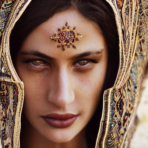 portrait of a stunningly beautiful arabic tribal female, depth of field, zeiss lens, detailed, symmetrical, centered, fashion photoshoot, by Annie Leibovitz and Steve McCurry, David Lazar, Jimmy Nelsson, Breathtaking, 8k resolution, extremely detailed, beautiful, establishing shot, artistic, hyperrealistic, beautiful face, octane render