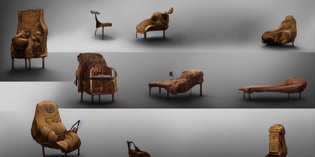 furniture designs in the style of moebius, design sheet, Les Edwards, Zdzislaw Beksinski, Carl Gustav Carus, John Harris, Michal Karcz, Zhang Kechun, Mikko Lagerstedt, Scott Listfield, Steven Outram, Jessica Rossier.