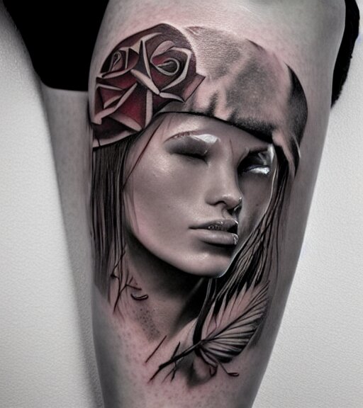 tattoo design on white background of a beautiful girl warrior, roses, hyper realistic, realism tattoo, by eliot kohek 