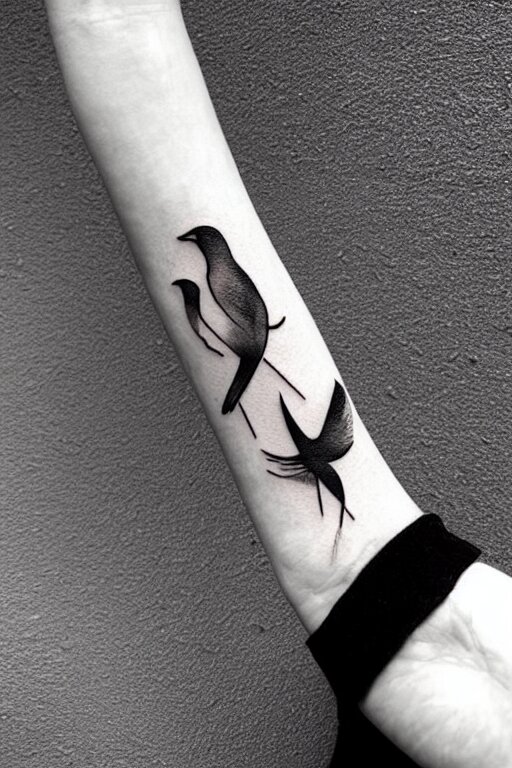 a simple artistic tattoo design of minimalist flying birds, black ink, abstract geometric logo 