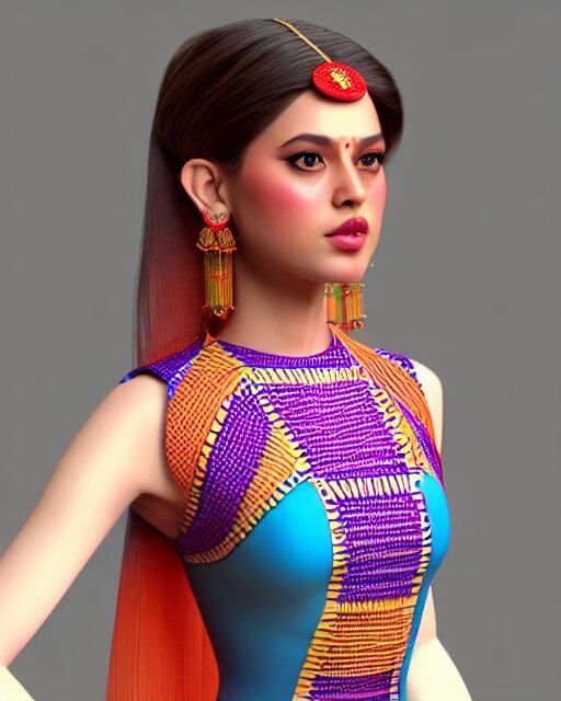 a beautiful cute girl wearing modern stylish costume in the style of Assamese bihu mekhela sador gamosa design, commercial fashion design art by Victor Nizovtsev, face by artgerm and daz3d genesis iray, cinematic lightning, medium shot, mid-shot, slim female figure ramp walk model pose, highly detailed, trending on Artstation, Unreal Engine 4k, cinema 4d ray traced, octane render, cinematic wallpaper