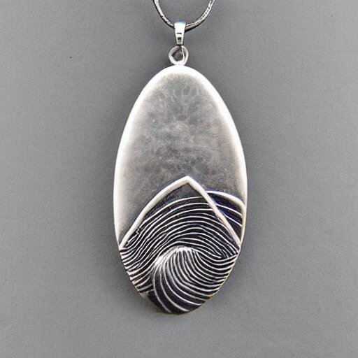 amulet of wave inlaid in silver on a young beautiful woman neck, realistic, 