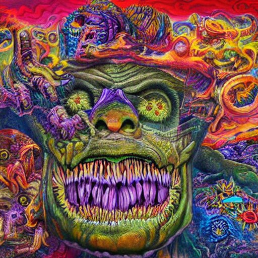 a high hyperdetailed painting with complex textures of a group of deformed monsters united within a larger monster, made of candies and psychotropic psychoactive substances cosmic psychedelic fulcolor spiritual chaos surrealism horror bizarre psycho art 