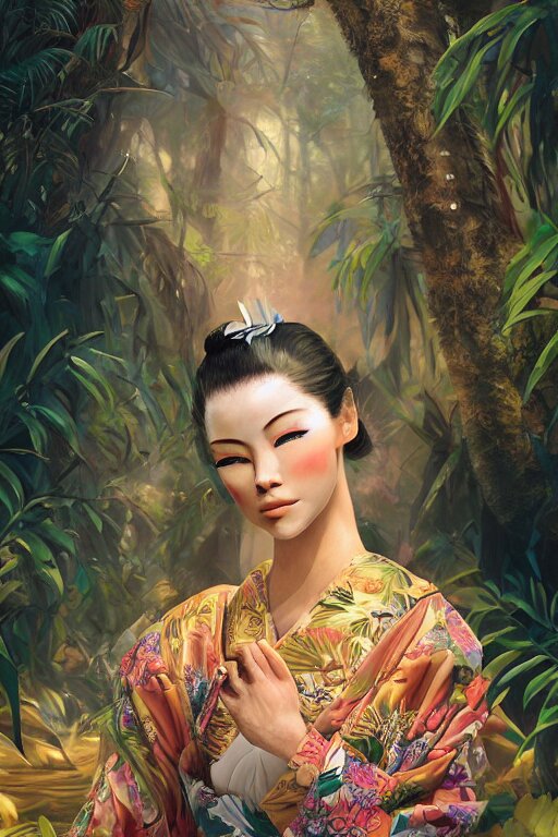 stunningly beautiful, peruvian geisha prima ballerina in jungle, symmetrical face, golden hour, smooth, focus, highly detailed, hyper realistic, dramatic lighting, elegant, intricate, concept art, art by wlop, mars ravelo, greg rutowski, artstation 