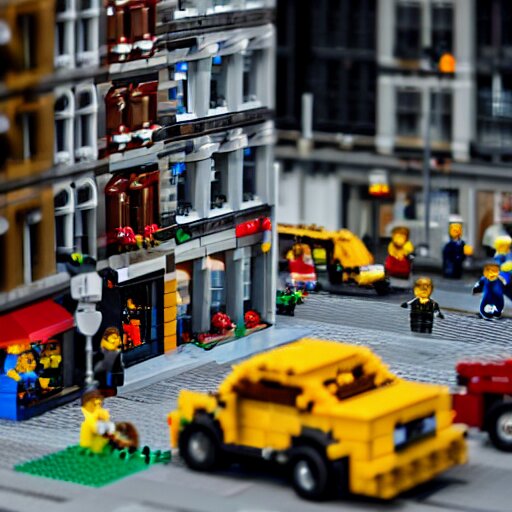 mini lego in the city, photorealistic, highly detailed, sharp focus, vivid, symmetrical, random, convoluted, mind - blowing, creative, fully functional, physics defying, amazing, cool, atmospheric 