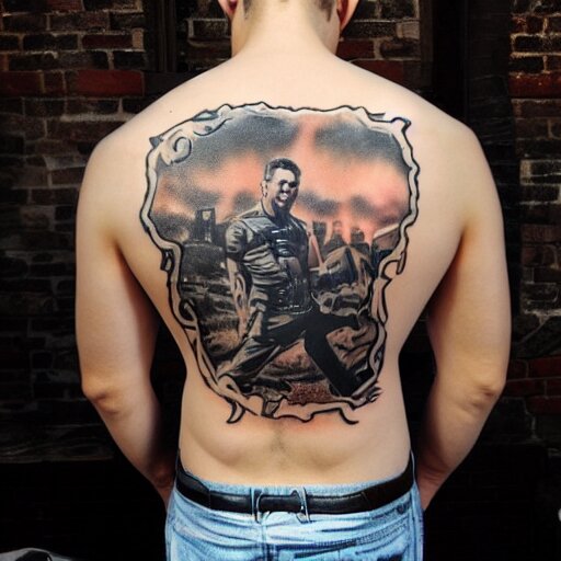 a picture of my new back tattoo of chris redfield by tom of finland 