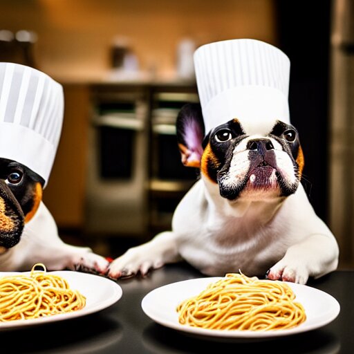 a 8k highly detailed still photo by David Bailey of Two multi-colored French Bulldogs in chef hats and aprons starring on a cooking show, a plate of spaghetti is prepared, a high end restaurant kitchen in the background, bokeh