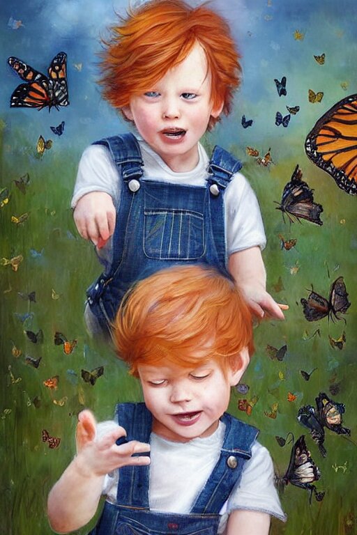 a three year old boy with ginger hair wearing denim overalls chasing butterflies. clean elegant painting, beautiful detailed face, lots of butterflies. by magali villanueve and artgerm and greg rutkowski 