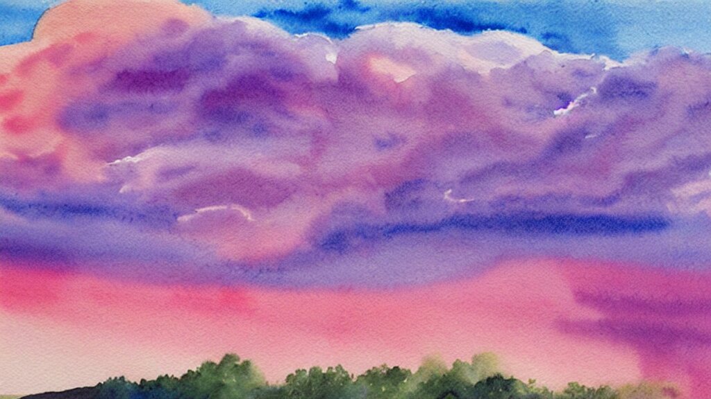 watercolor of a big cumulonimbus cloud on a pink sunset 