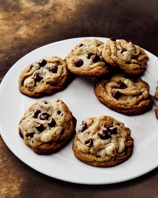 plate full of several freshly baked chocolate chip cookies, delicious, glistening, chocolate sauce, marshmallows, highly detailed, food photography, art by rembrandt 