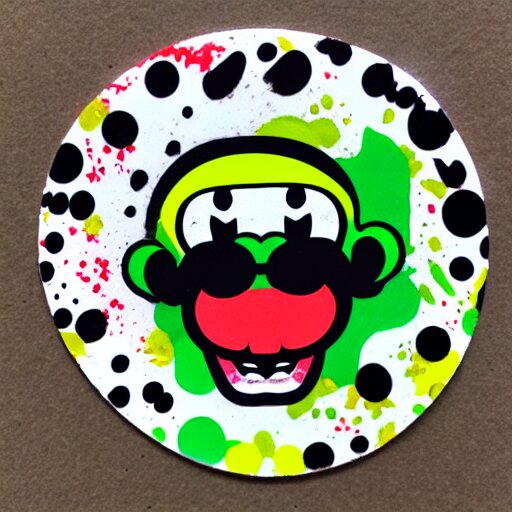 die cut sticker, yoshi wearing mario's mustache, splatter paint 