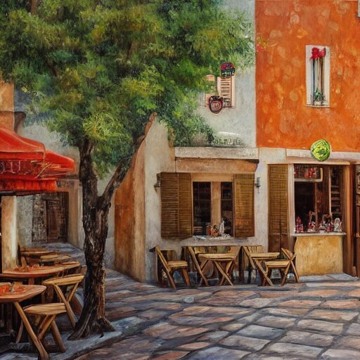 a traditional pizzeria in the street of a small village on the riviera. a terrace in the shade of a hundred - year - old olive tree, a friendly atmosphere around pizzas and rose wine. dolce vita. unreal engine rendering, hyper realist, ultra detailed, oil painting, warm colors, happy, impressionism, da vinci, 4 k, 