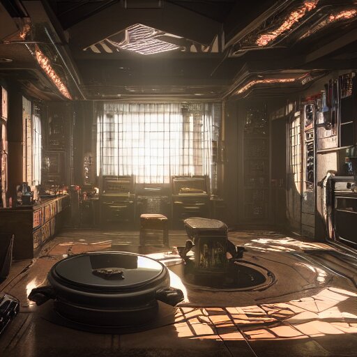 A photograph of interior of cyberpunk mansion set in a cyberpunk utopia. Highly detailed, 8k wallpaper, HDR, concept art, unreal engine 5, 4k, 8k, ray tracing, bloom, lens flare