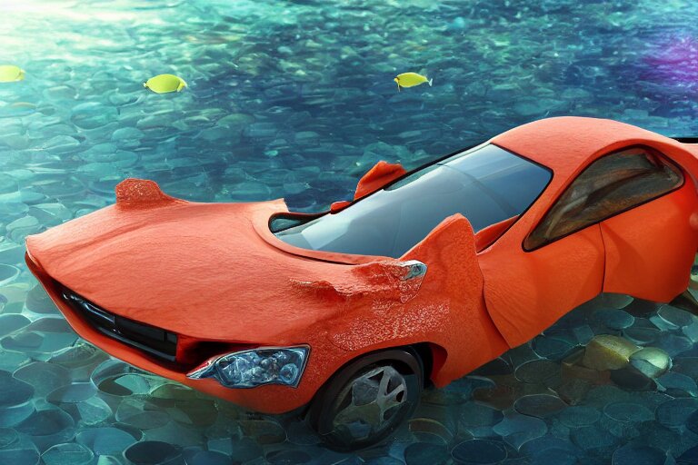 car made of fish, half car half fish, car with fins and gills, underwater fishy car, coral, luxury fish sports car, hd render 4 k, shiny materials, big bulging fish eyes, road 