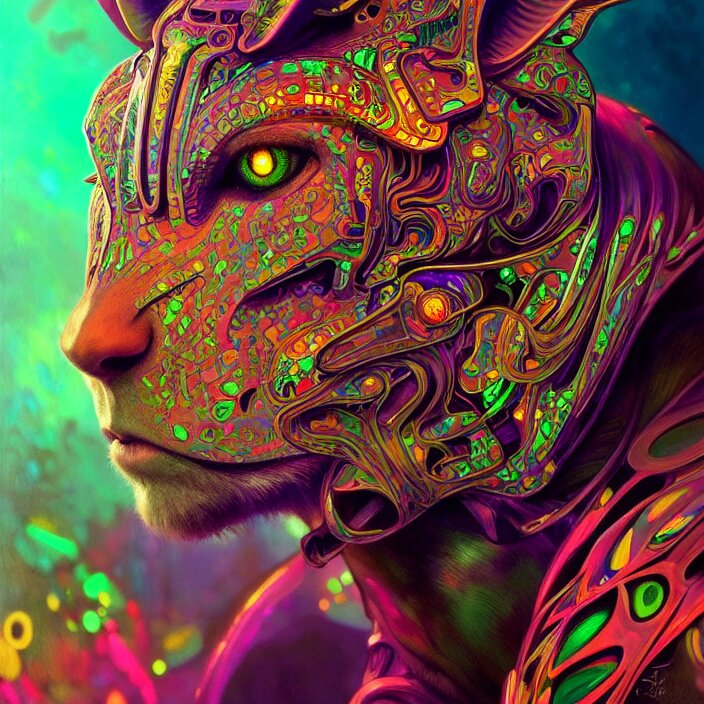 bright psychedelic animal cyborg, diffuse lighting, fantasy, intricate, elegant, highly detailed, lifelike, photorealistic, digital painting, artstation, illustration, concept art, smooth, sharp focus, art by John Collier and Albert Aublet and Krenz Cushart and Artem Demura and Alphonse Mucha