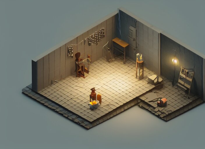 isometric view of a dimly lit room, a 3 d render by paul kelpe, cgsociety contest winner, volumetric lighting, cinematic lighting, isometric 