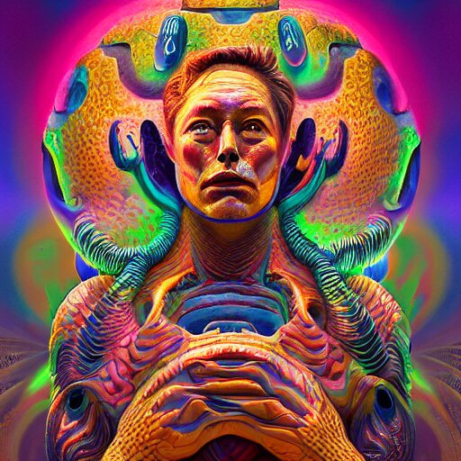 a surreal portrait statue of elon musk as a psychedelic tiki reptile stone god figure by naoto hattori, android jones, and chris dyer, deep bold colors, galactic dmt entity, depth of field, intricate beautiful painting, billions of details, octane render, portal, 8 k, detailed vector, trending on artstation, cgisociety 