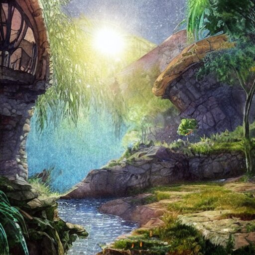 beautiful happy picturesque charming sci - fi organic homes in a beautiful natural scene. water, trees and rocks. beautiful light. grainy and rough. soft colour scheme. beautiful artistic detailed watercolor by lurid. ( 2 0 2 2 ) 